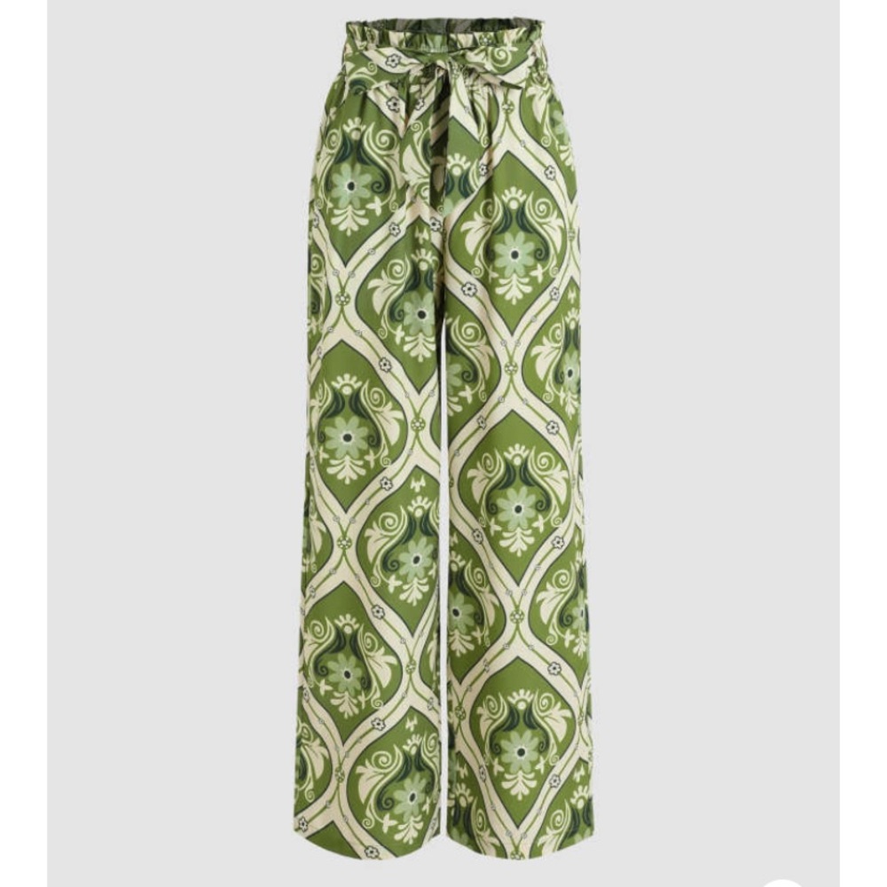 Wide-Leg Green Printed Paperbag Waist Trousers